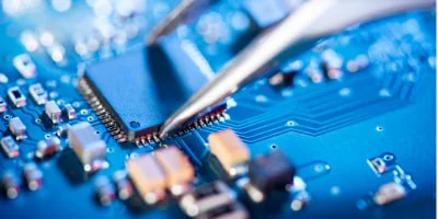 青い基板上の半導体チップとピンセット