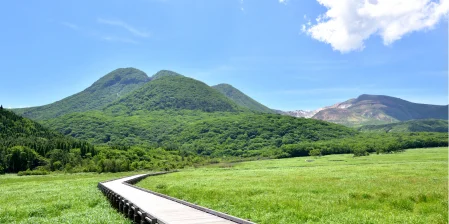 九重連山と木道が続く高原の湿原